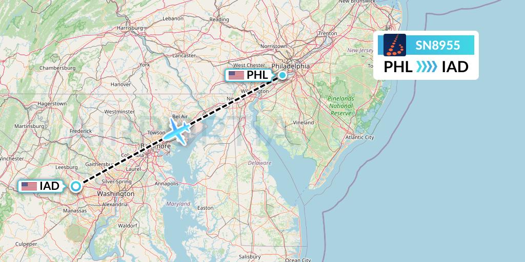SN8955 Brussels Airlines Flight Map: Philadelphia to Washington