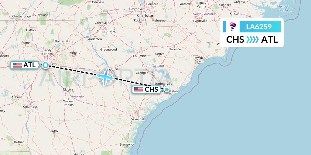 LA6259 LAN Airlines Flight Map: Charleston to Atlanta