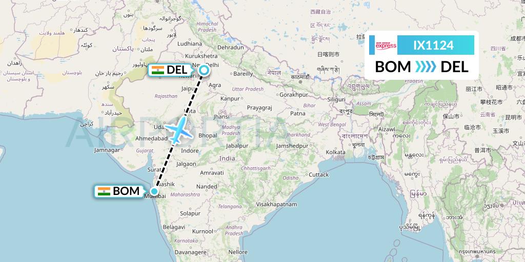 IX1124 Air India Express Flight Map: Mumbai to Delhi
