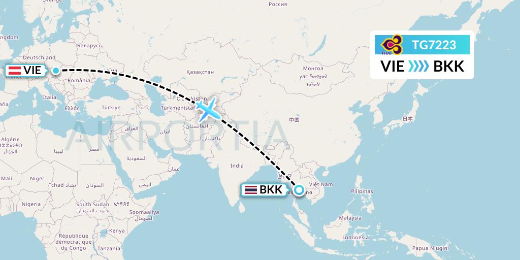 TG7223 Thai Airways Flight Map: Vienna to Bangkok