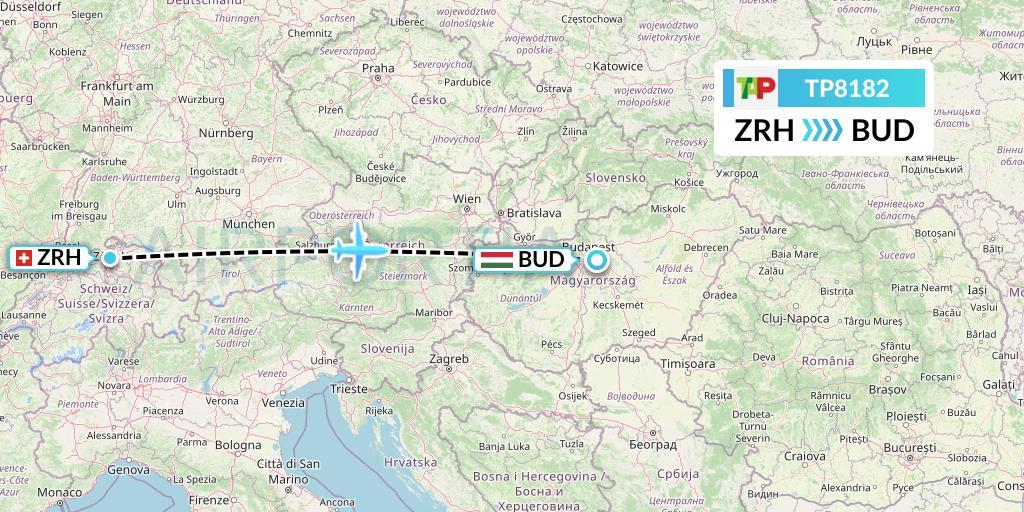 TP8182 TAP Portugal Flight Map: Zurich to Budapest
