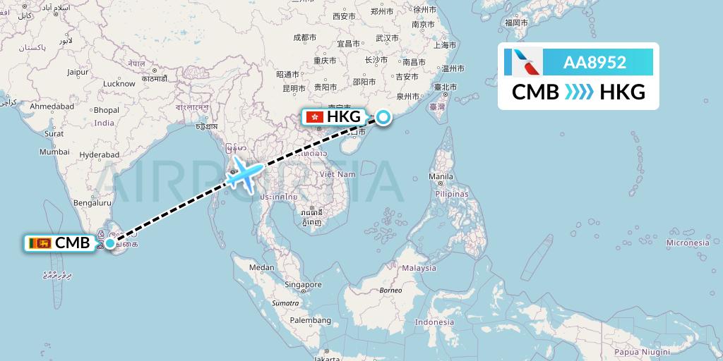 AA8952 American Airlines Flight Map: Colombo to Hong Kong