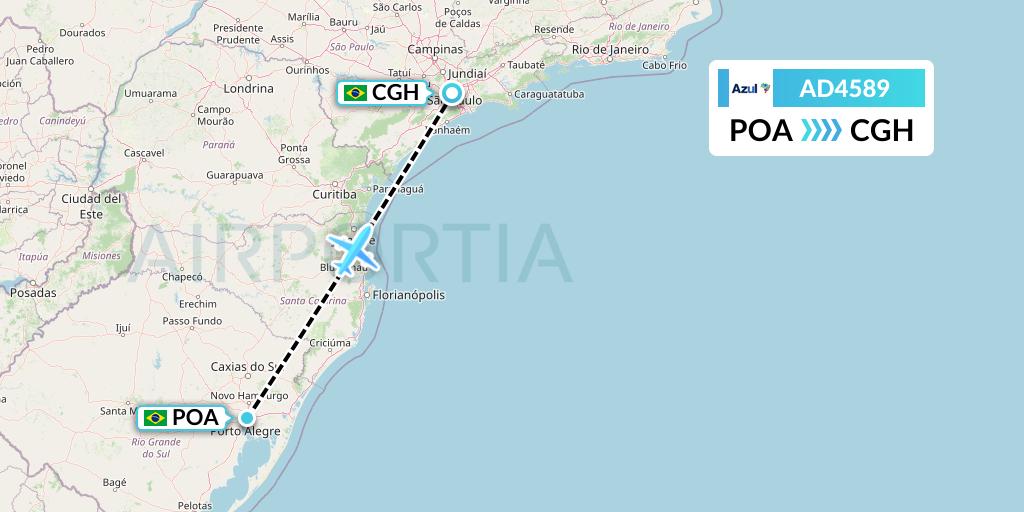 AD4589 Azul Brazilian Airlines Flight Map: Porto Alegre to Sao Paulo