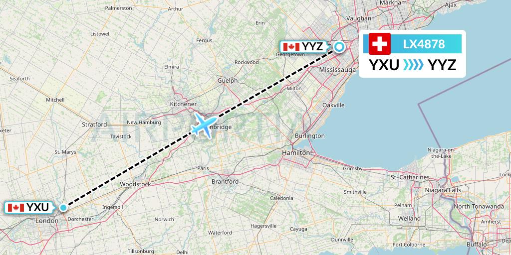 LX4878 Swiss Flight Map: London to Toronto