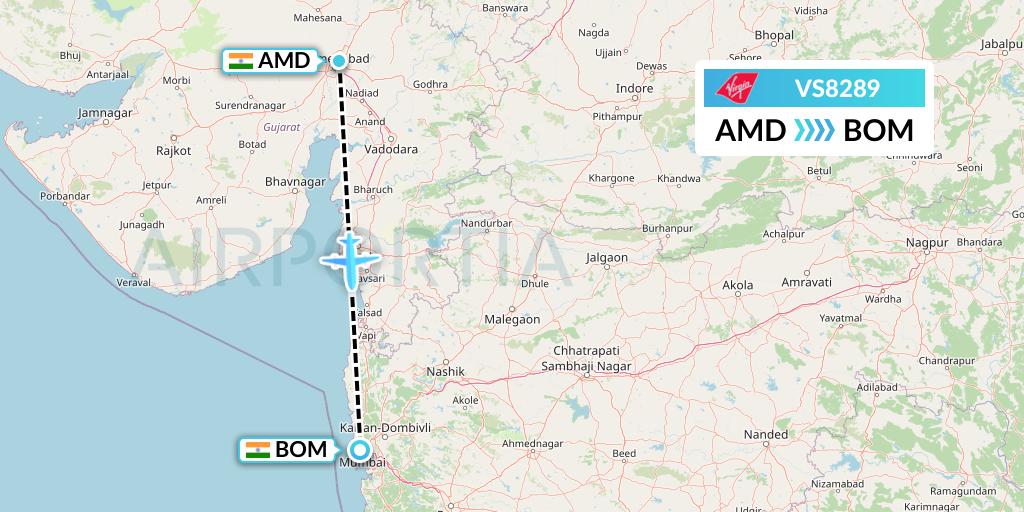 VS8289 Virgin Atlantic Airways Flight Map: Ahmedabad to Mumbai