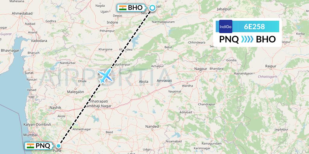 6E258 IndiGo Airlines Flight Map: Pune to Bhopal