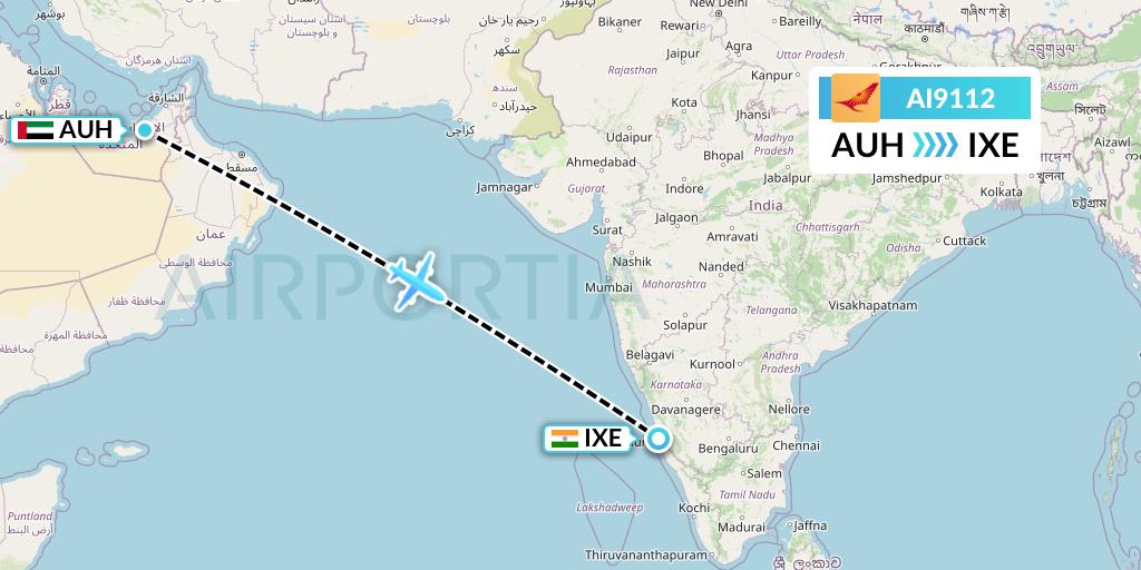 AI9112 Air India Flight Map: Abu Dhabi to Mangalore