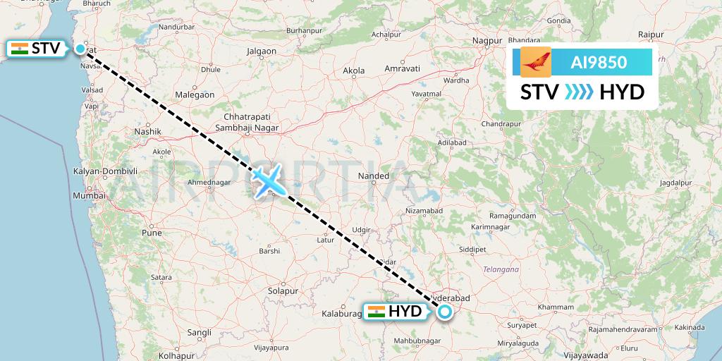 AI9850 Air India Flight Map: Surat to Hyderabad