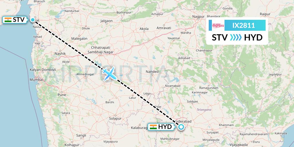 IX2811 Air India Express Flight Map: Surat to Hyderabad