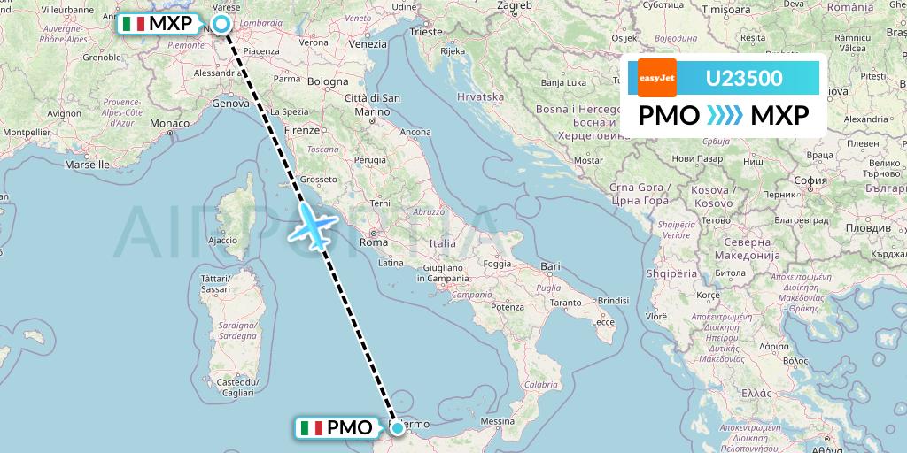 U23500 EasyJet Flight Map: Palermo to Milan