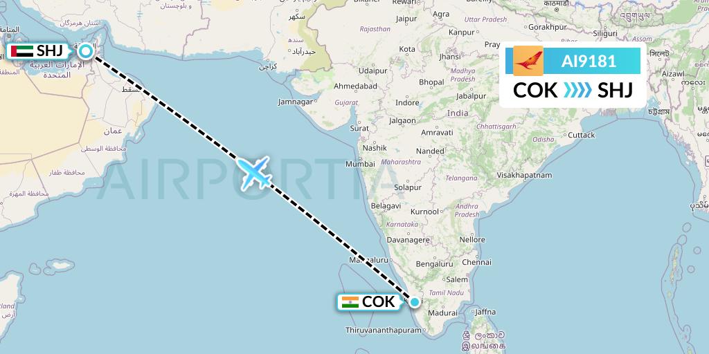 AI9181 Air India Flight Map: Cochin to Sharjah