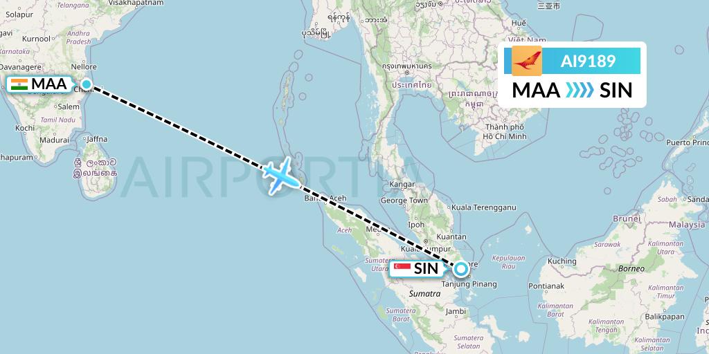 AI9189 Air India Flight Map: Chennai to Singapore