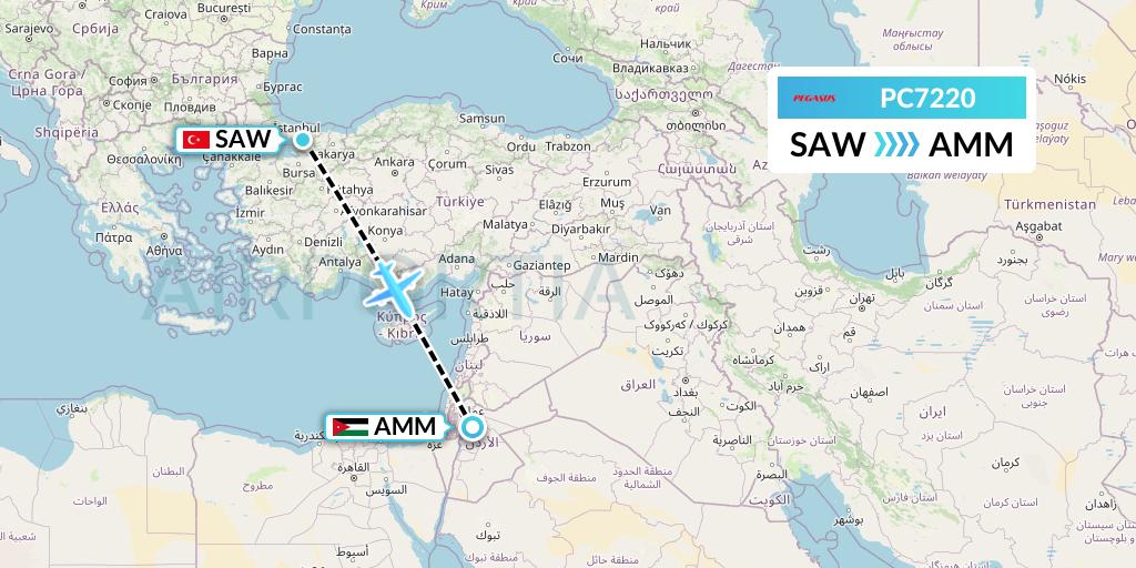 PC7220 Pegasus Airlines Flight Map: Istanbul to Amman