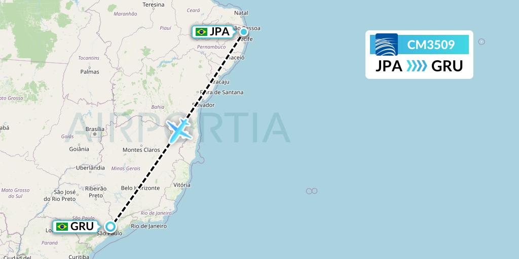CM3509 Copa Airlines Flight Map: Joao Pessoa to Sao Paulo