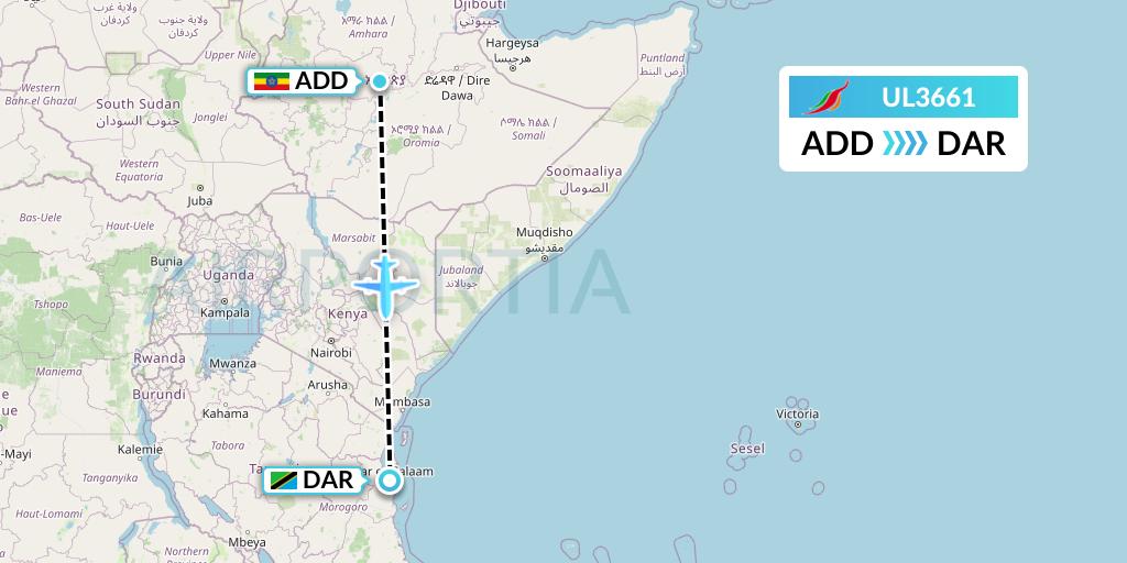 UL3661 SriLankan Airlines Flight Map: Addis Ababa to Dar-es-Salaam
