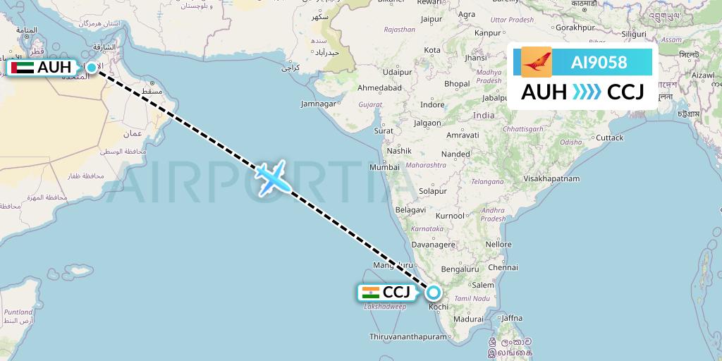 AI9058 Air India Flight Map: Abu Dhabi to Kozhikode