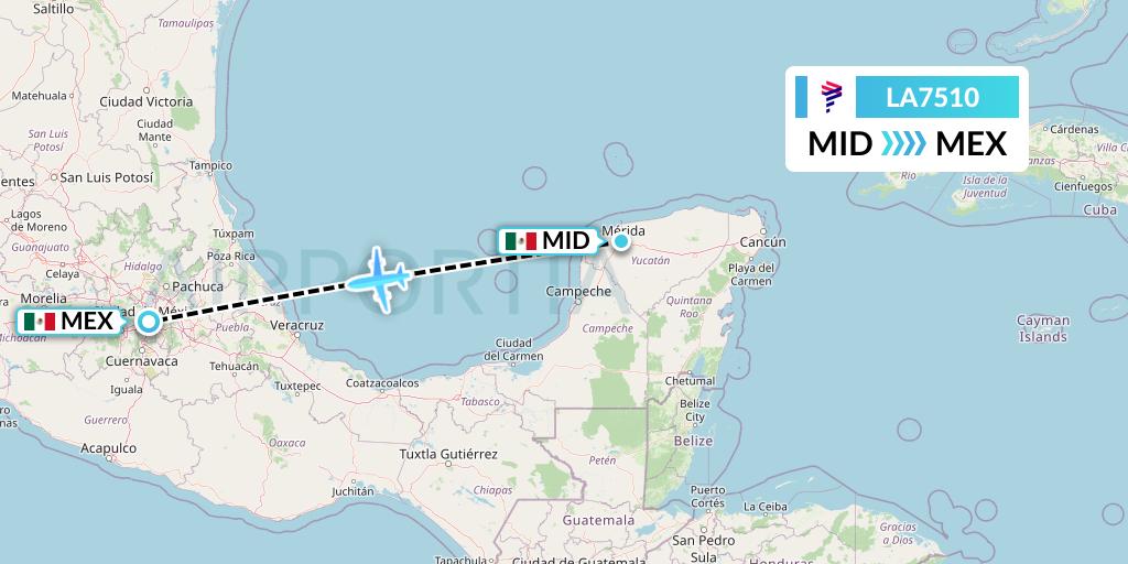 LA7510 LAN Airlines Flight Map: Merida to Mexico City