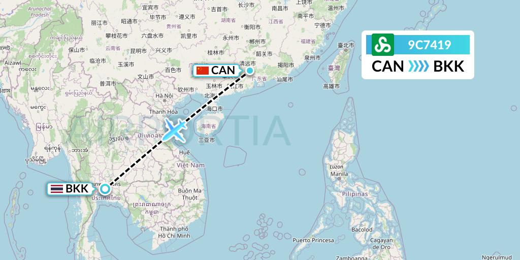 9C7419 Spring Airlines Flight Map: Guangzhou to Bangkok
