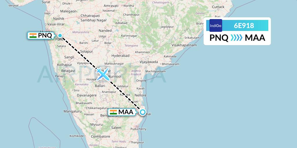 6E918 IndiGo Airlines Flight Map: Pune to Chennai