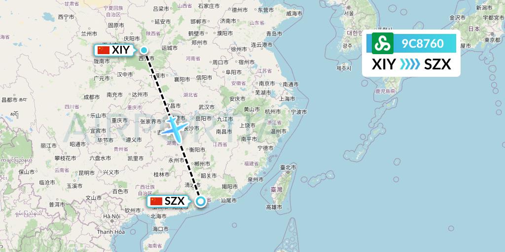 9C8760 Spring Airlines Flight Map: Xi'an to Shenzhen