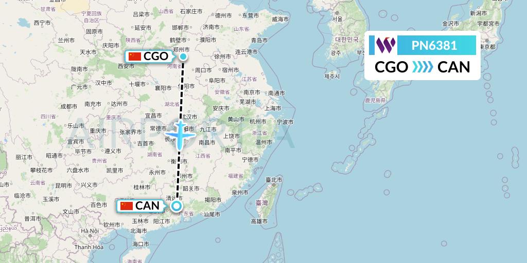 PN6381 China West Air Flight Map: Zhengzhou to Guangzhou