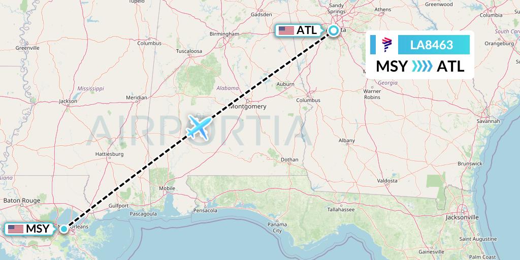 LA8463 LAN Airlines Flight Map: New Orleans to Atlanta