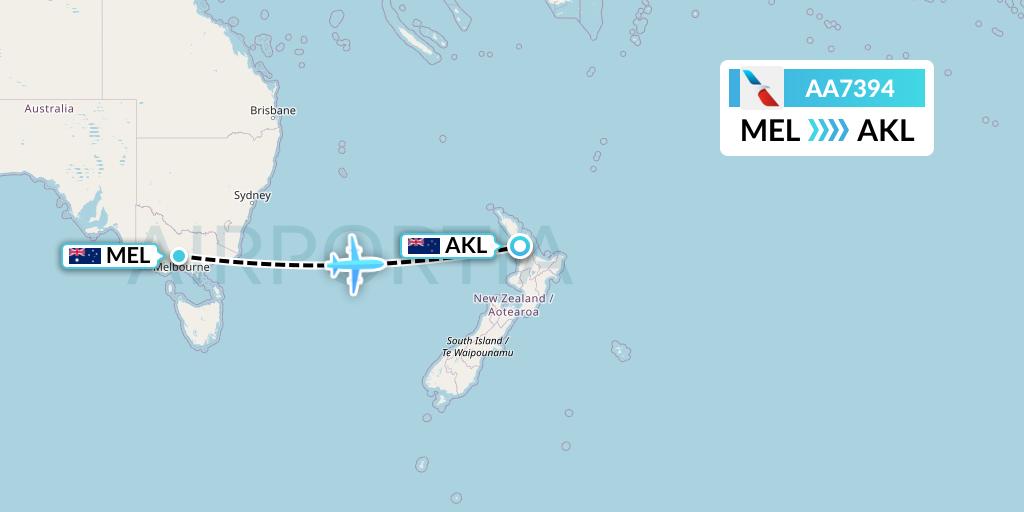 AA7394 American Airlines Flight Map: Melbourne to Auckland