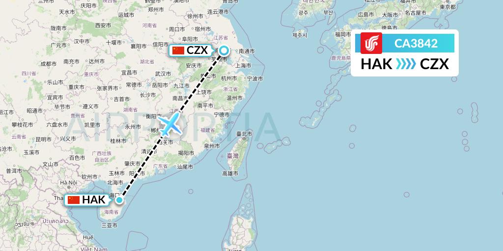 CA3842 Air China Flight Map: Haikou to Changzhou