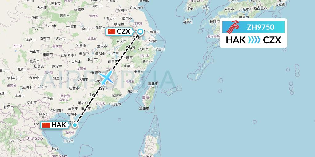 ZH9750 Shenzhen Airlines Flight Map: Haikou to Changzhou