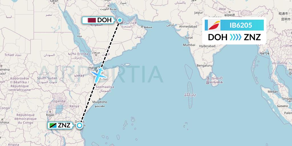 IB6205 Iberia Flight Map: Doha to Zanzibar