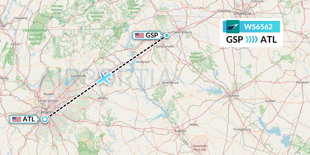 WS6562 WestJet Flight Map: Greenville-Spartanburg to Atlanta