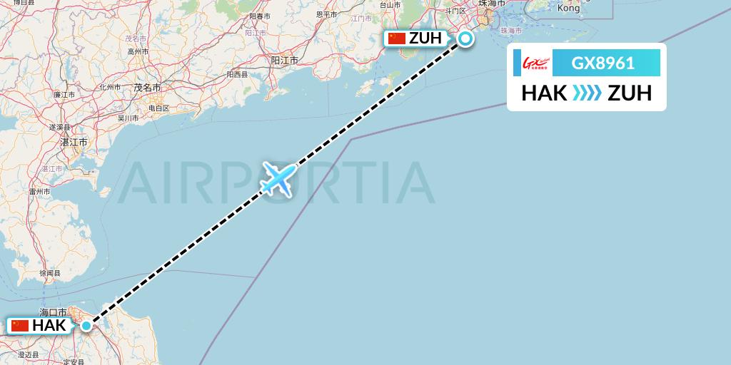 GX8961 GX Airlines Flight Map: Haikou to Zhuhai