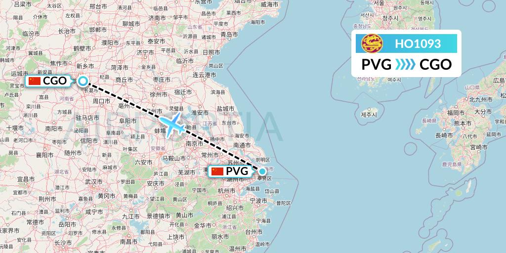 HO1093 Juneyao Airlines Flight Map: Shanghai to Zhengzhou