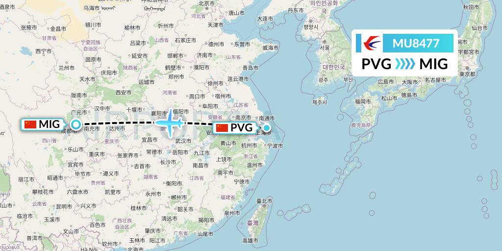 MU8477 China Eastern Airlines Flight Map: Shanghai to Mianyang