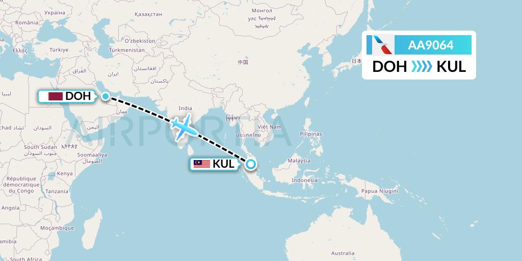 AA9064 American Airlines Flight Map: Doha to Kuala Lumpur