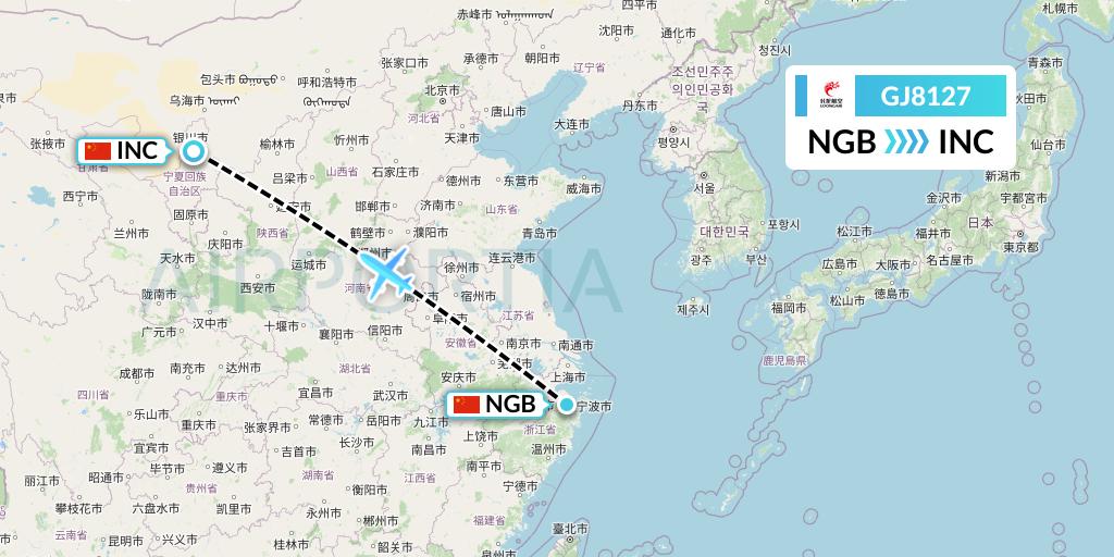 GJ8127 Loong Airlines Flight Map: Ningbo to Yinchuan