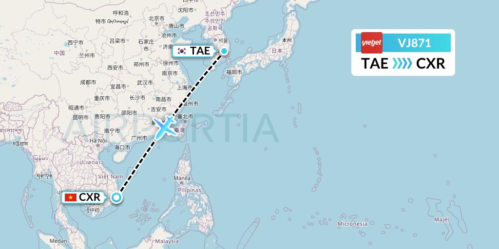 VJ871 VietJet Air Flight Map: Daegu to Nha Trang
