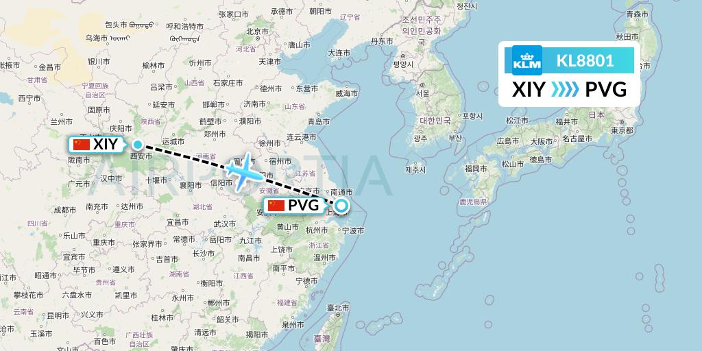 KL8801 KLM Flight Map: Xi'an to Shanghai