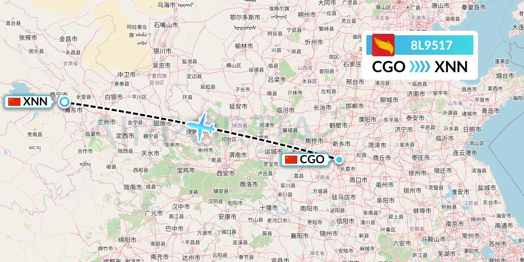 8L9517 Lucky Air Flight Map: Zhengzhou to Xining