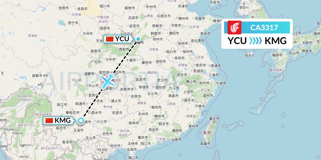 CA3317 Air China Flight Map: Yuncheng to Kunming