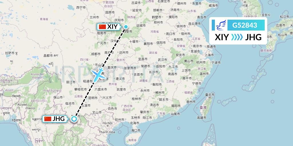 G52843 China Express Airlines Flight Map: Xi'an to Jinghong