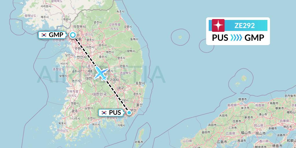 ZE292 Eastar Jet Flight Map: Busan to Seoul