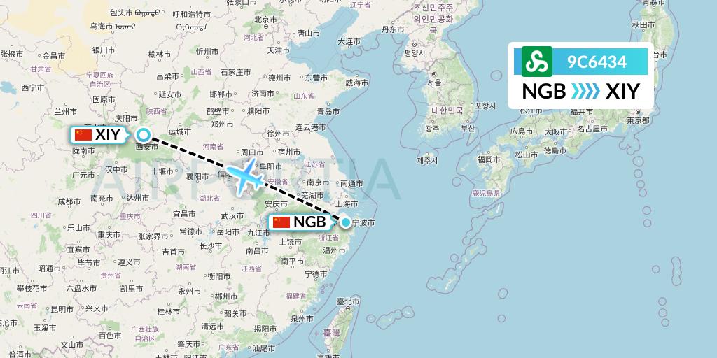 9C6434 Spring Airlines Flight Map: Ningbo to Xi'an