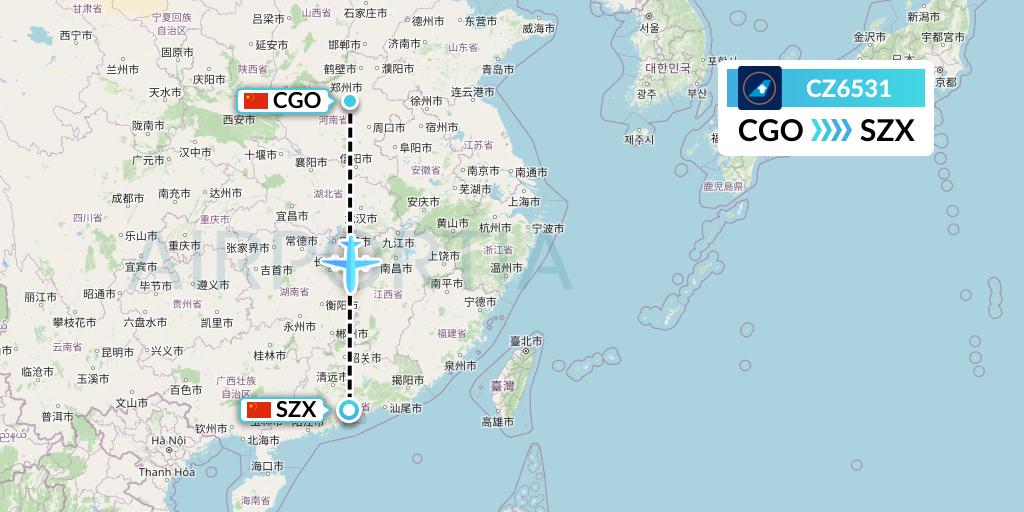 CZ6531 China Southern Airlines Flight Map: Zhengzhou to Shenzhen