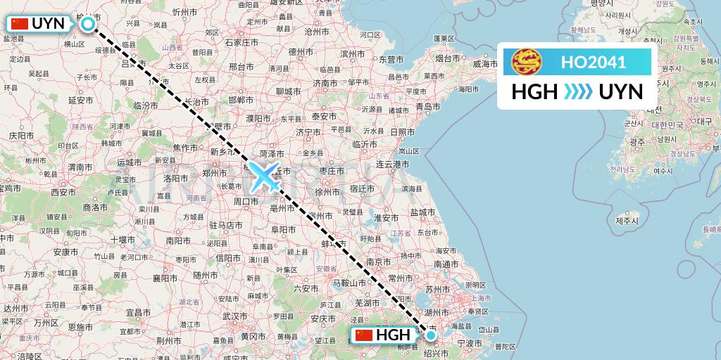 HO2041 Juneyao Airlines Flight Map: Hangzhou to Yulin