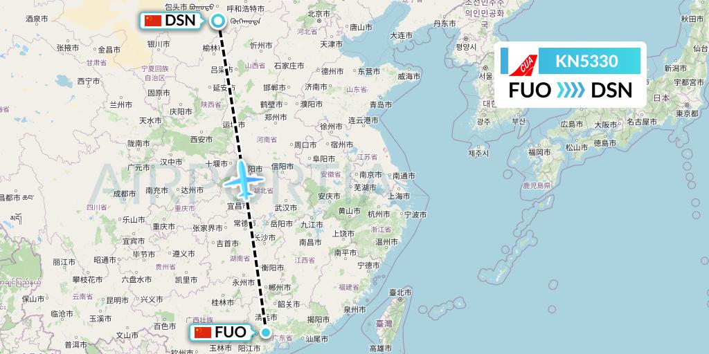 KN5330 China United Airlines Flight Map: Foshan to Dongsheng