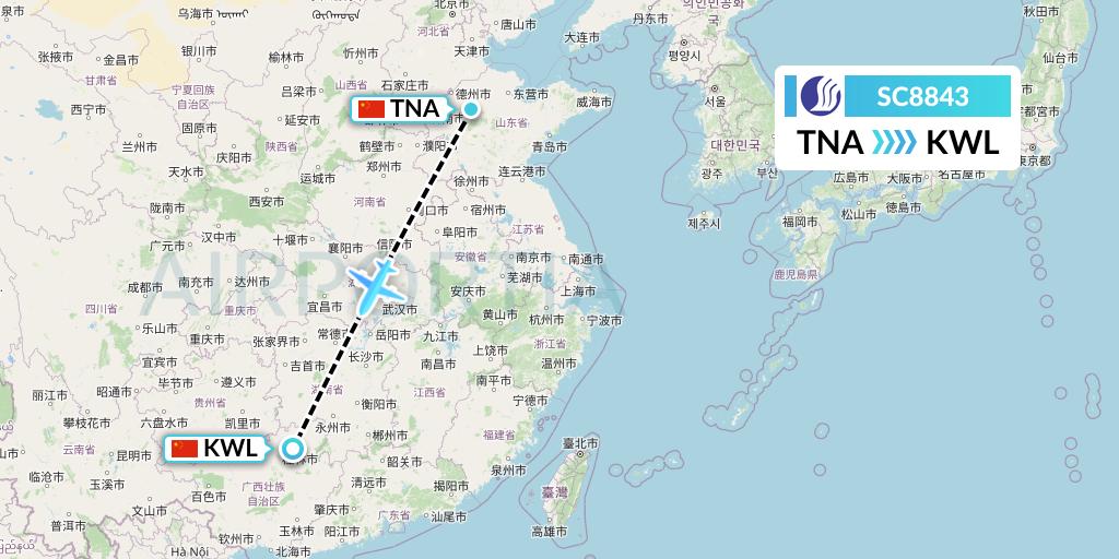 SC8843 Shandong Airlines Flight Map: Jinan to Guilin