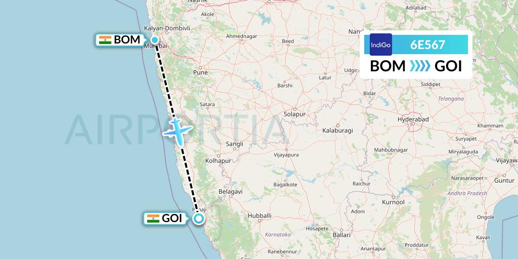 6E567 IndiGo Airlines Flight Map: Mumbai to Goa