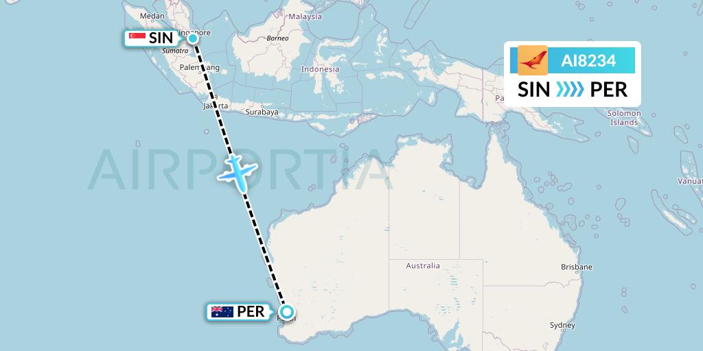 AI8234 Air India Flight Map: Singapore to Perth