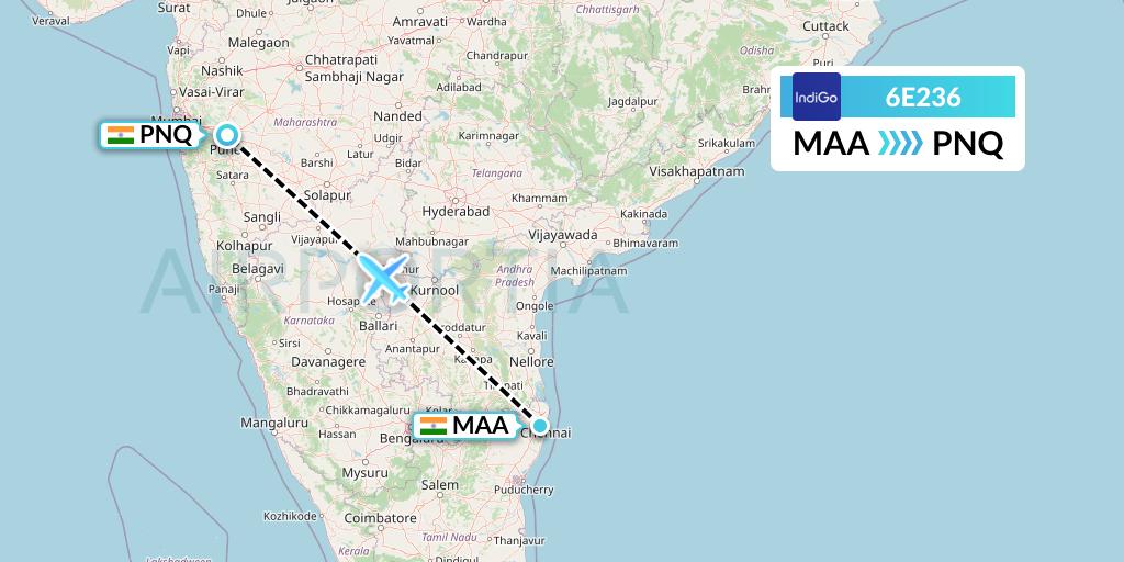6E236 IndiGo Airlines Flight Map: Chennai to Pune